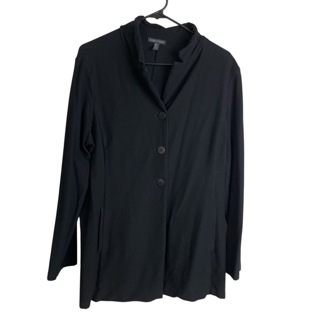 Eileen Fisher XL Jacket Black Womens Button Up Viscose Pockets Career Viscose